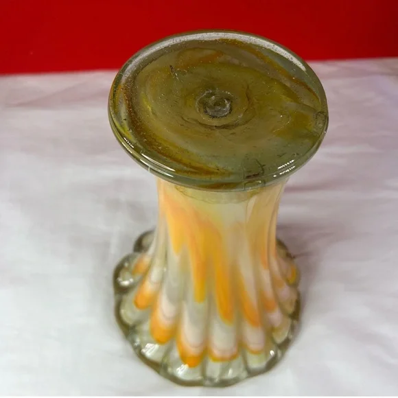 Handblown Glass Petal Vase Orange White Swirl Stretched Art Vintage - Picture 5 of 5